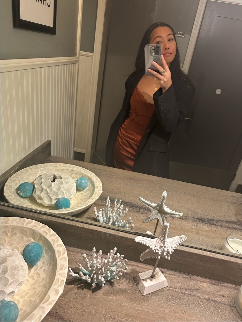 Astr Satin Midi Dress in Rust with Black Blazer